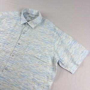 Peter Millar Linen Shirt Mens XL Blue Wave Pattern Button Up Casual Pocket Beach